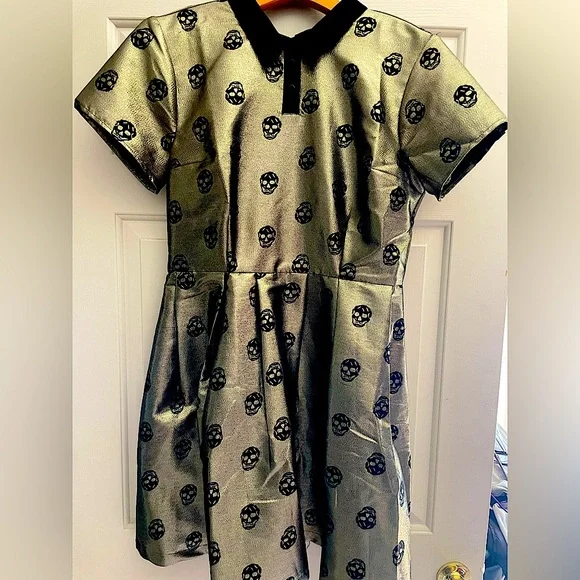 Modcloth | Dresses | Gold Metallic Dress With Black Skulls Collar Nwt |  Poshmark